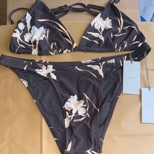 Kith Dark Chocolate Floral Triangle Bikini with Cream & Pale Blue Blooms